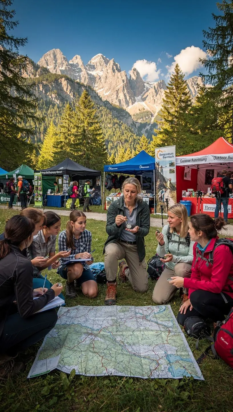 Frau mietet Wanderschuhe und Trekkingstöcke in einem spezialisierten Outdoor-Verleihgeschäft.