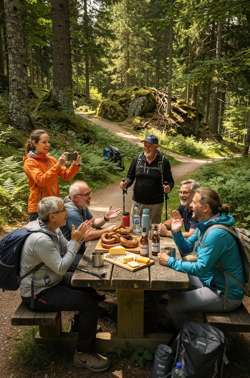 Geführte Wandergruppe beim Aufstieg auf einem Waldpfad, begleitet von erfahrenem Tourguide.